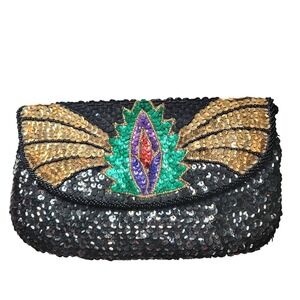 Vintage 80s Beaded Sequin Clutch Evening Bag Black Gold Satin Glam Cocktail Mob